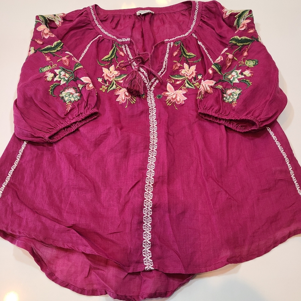 Sundance Fuchsia Floral Embroidered Blouse in Petite Medium